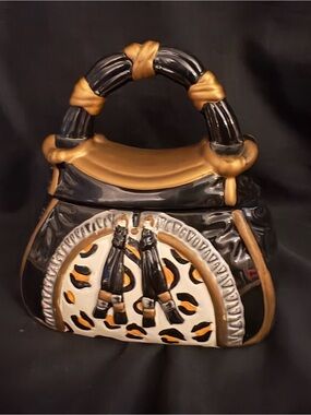 David's Cookies Ceramic Handbag Cookie Jar Black Gold Animal Print